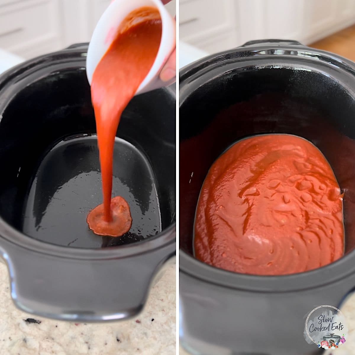 Pouring the marinara sauce into a black oval crockpot to make the ziti.