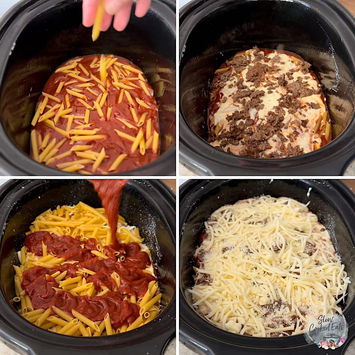 Layering the ingredients in a slow cooker to make baked ziti in crock pot.