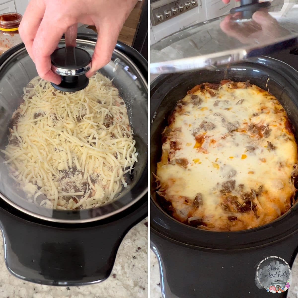 Removing the lid from the baked ziti in crock pot. 