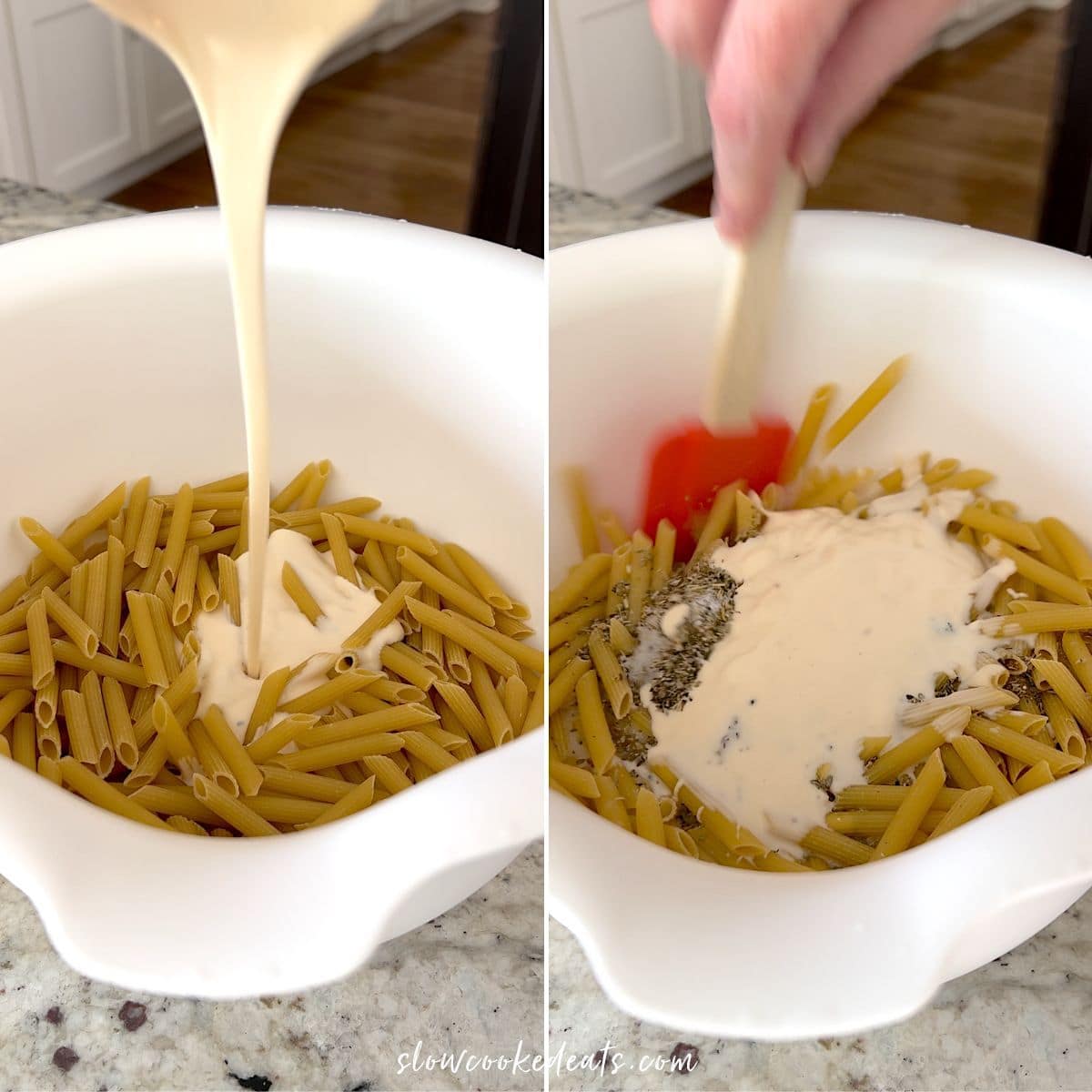 Mixing alfredo sauce and dry pasta with seasoning in a white bowl.