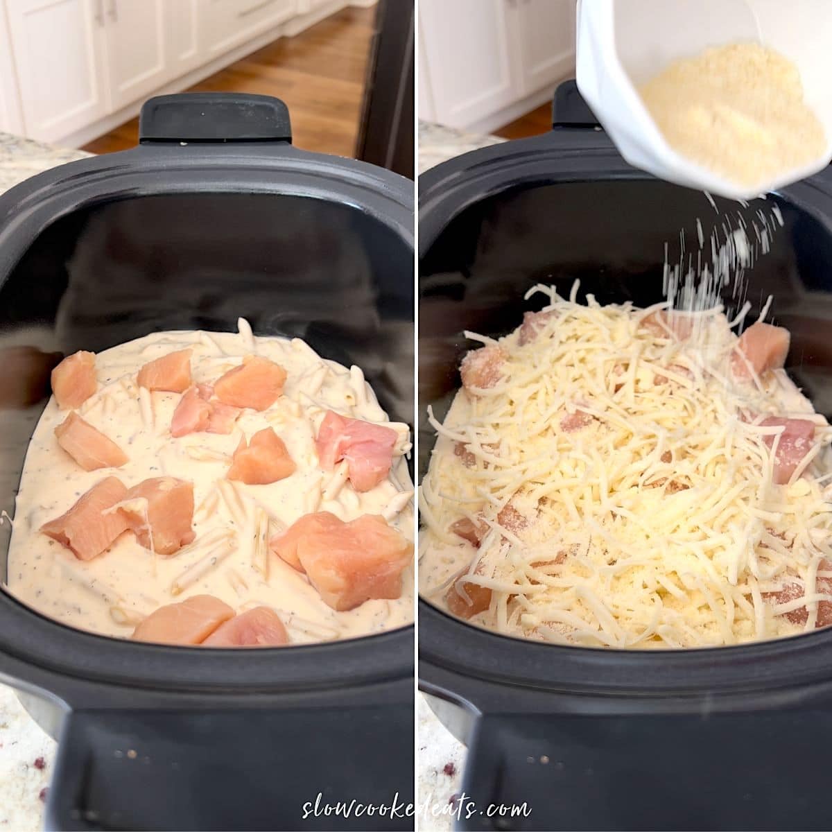 Layering chicken and parmesan cheese in an oval black crock pot to make crockpot chicken alfredo.