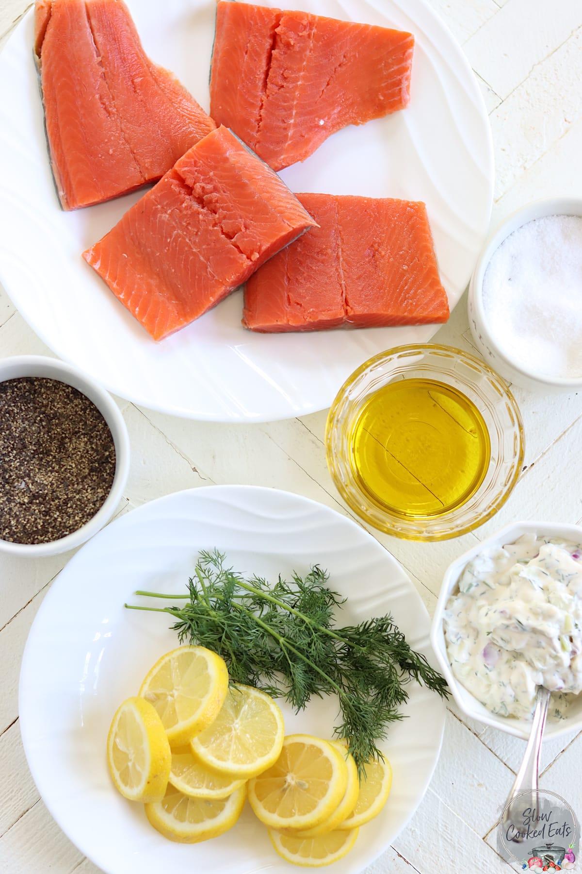 Ingredients needed for making poached salmon.