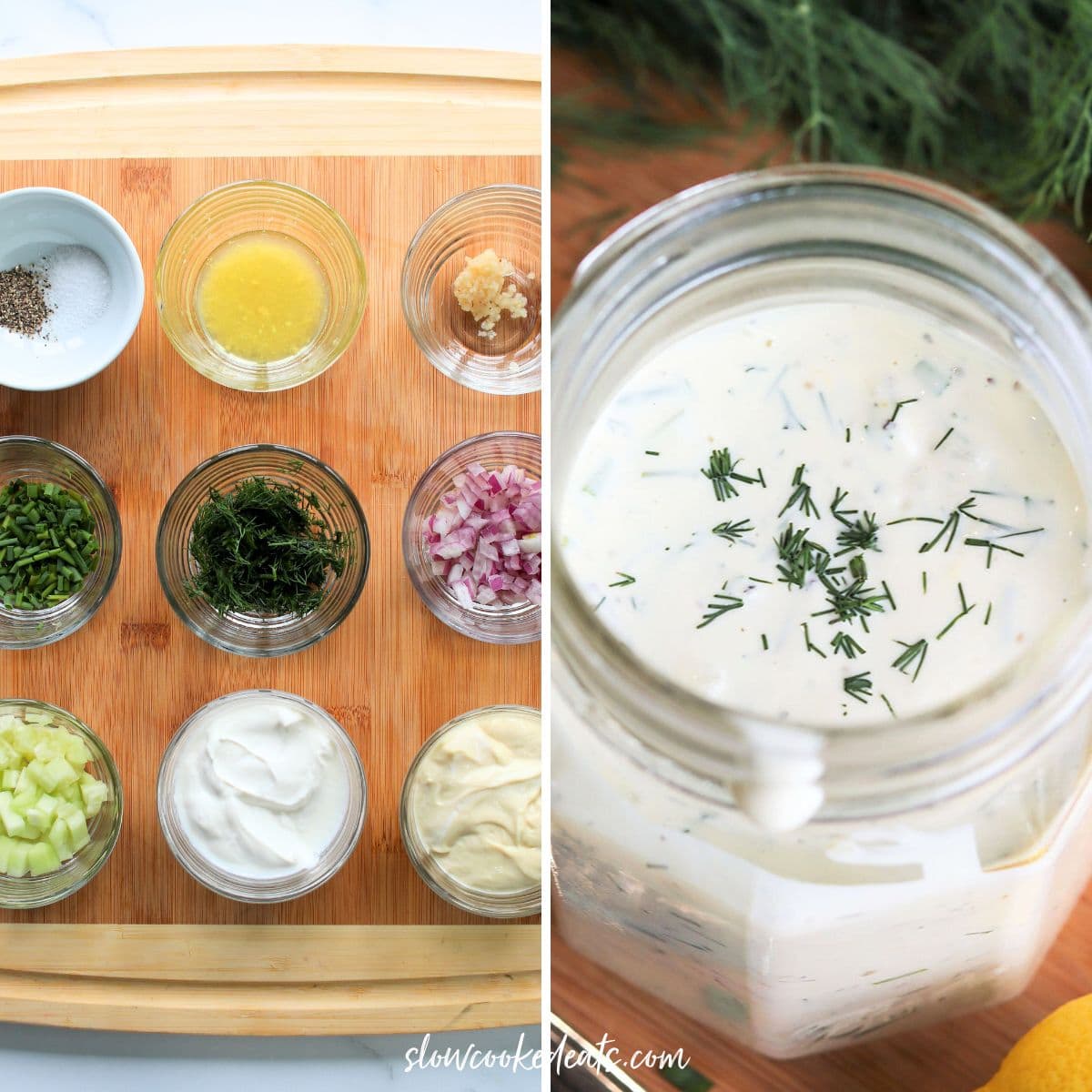 Ingredients needed for dill sauce and a jar of dill sauce.