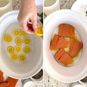 Placing lemon slices and salmon on the bottom of crockpot.