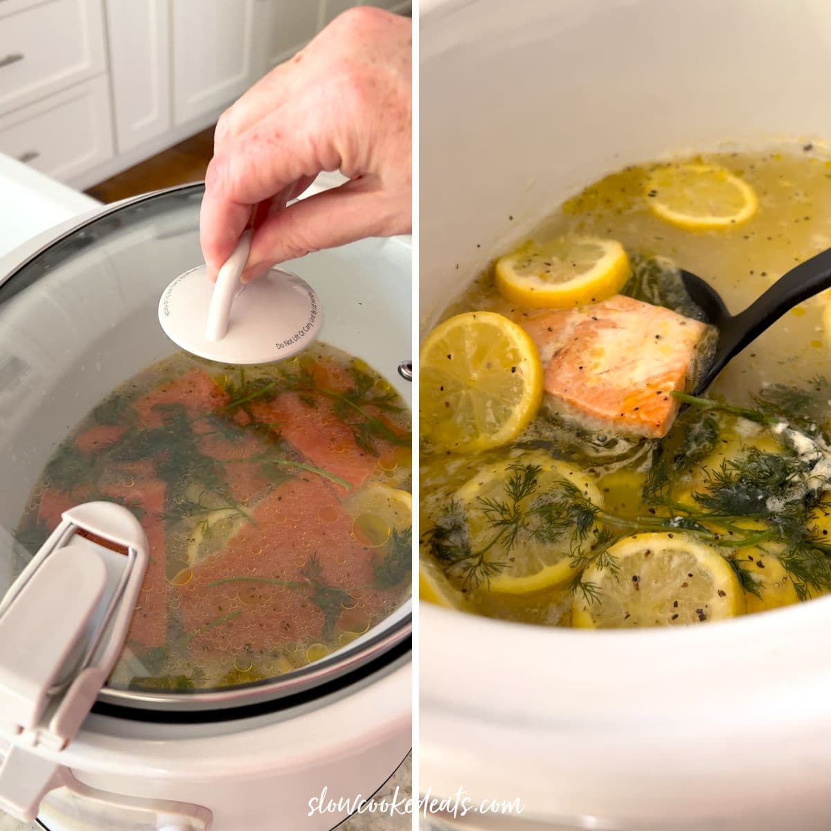 Slow cooker poached salmon recipe in a white crock pot.