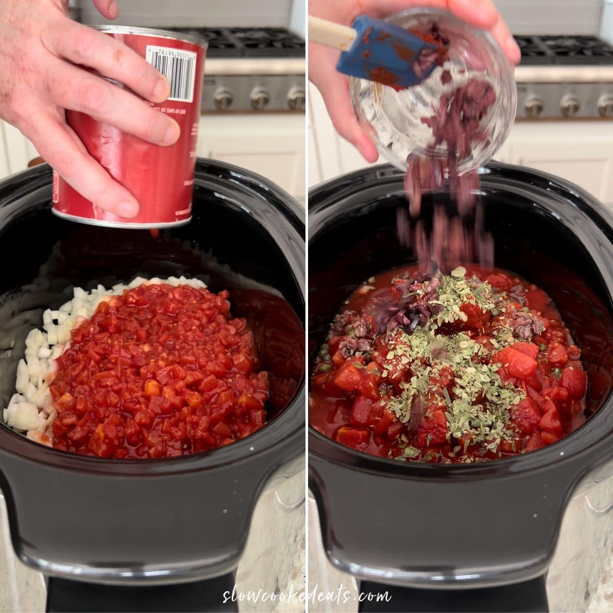Adding puttanesca sauce ingredients to a black oval crock pot.