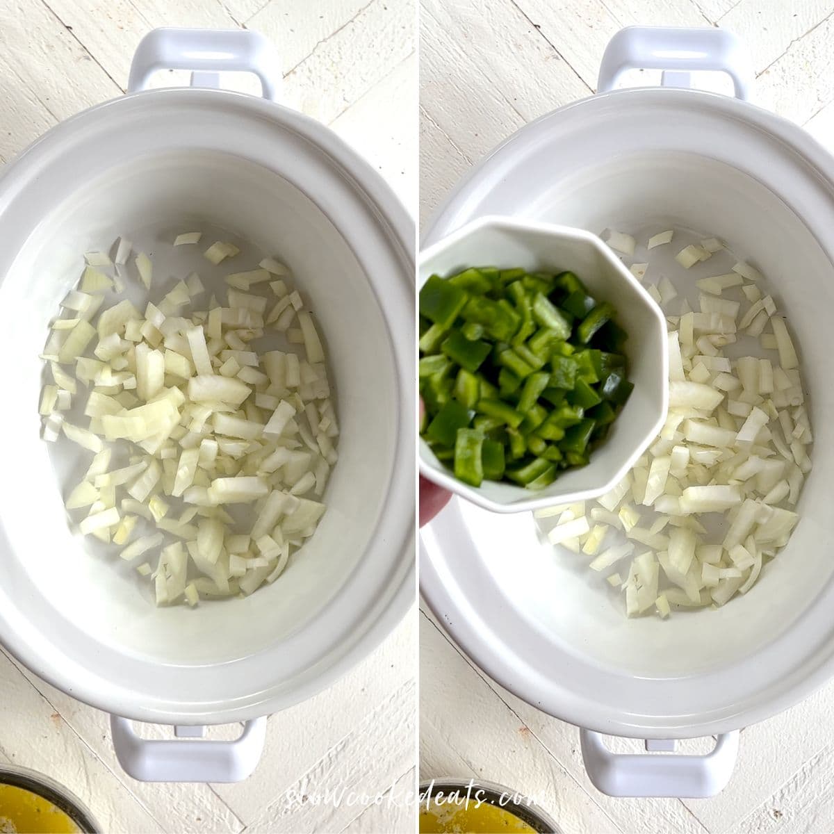 Adding onion and then green bell pepper to a small white oval crock pot.