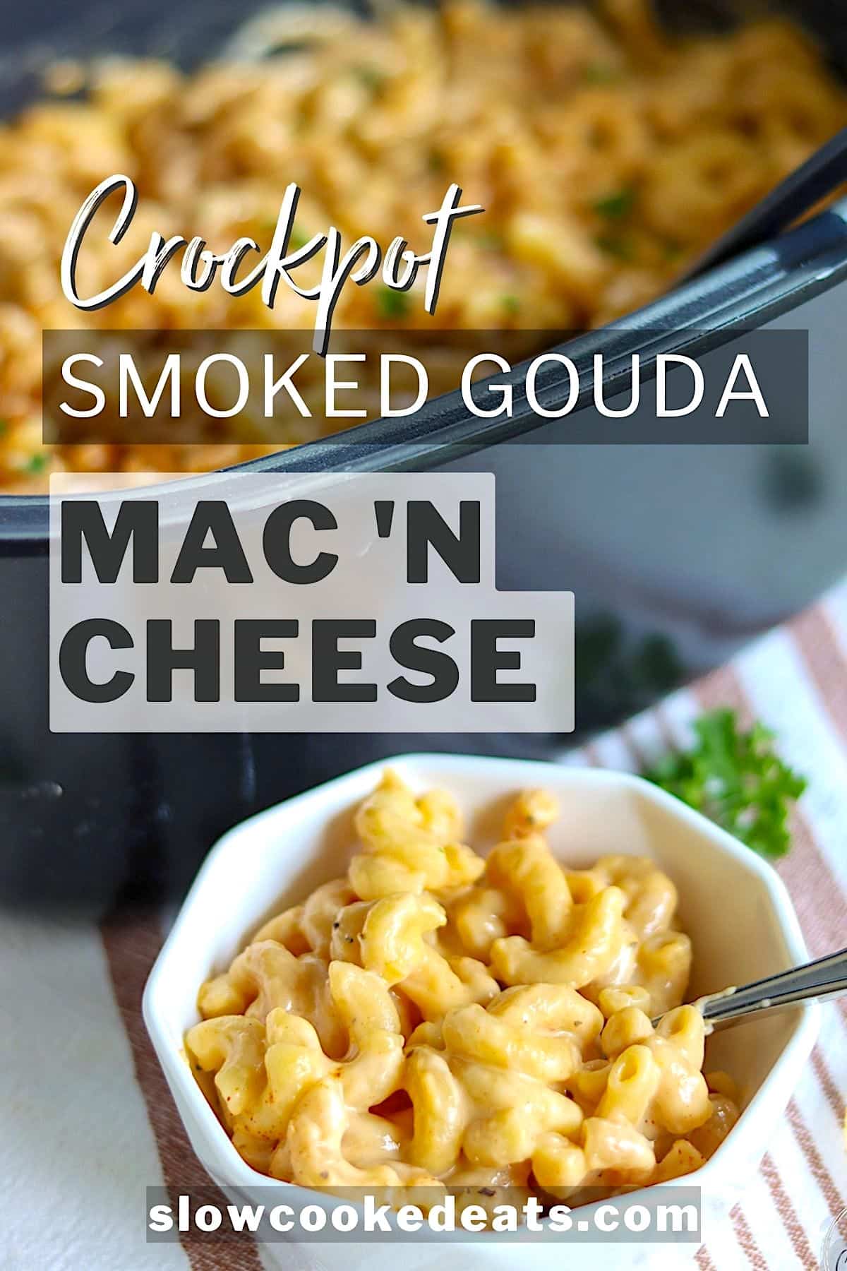 Pinterest pin with smoked gouda mac and cheese in a black crockpot.