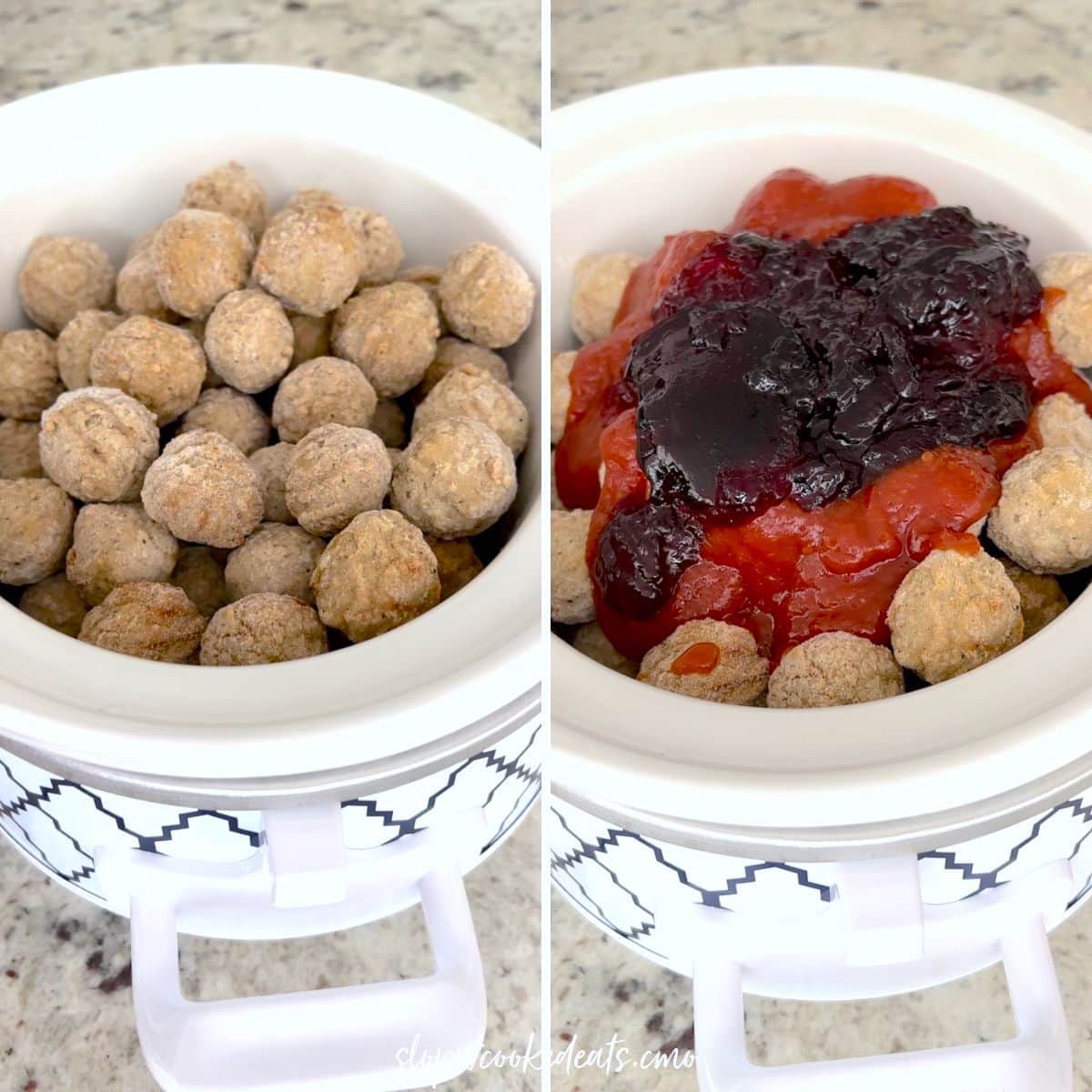 Adding frozen meatballs and sauces to a white oval crockpot.