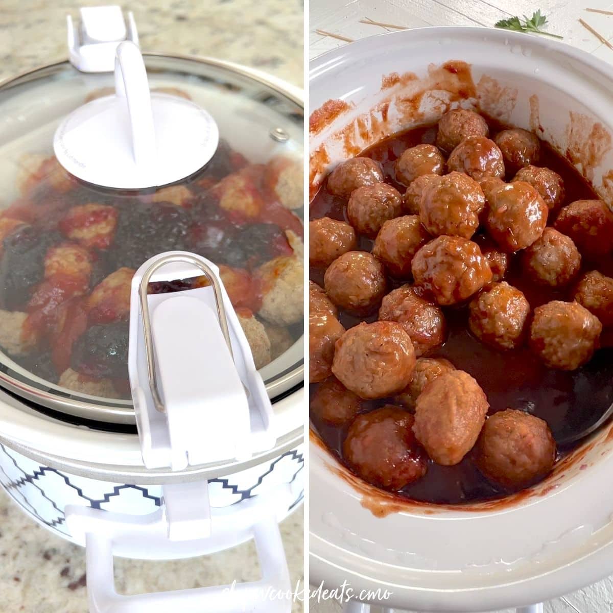 Slow cooking grape jelly meatballs in crock pot.