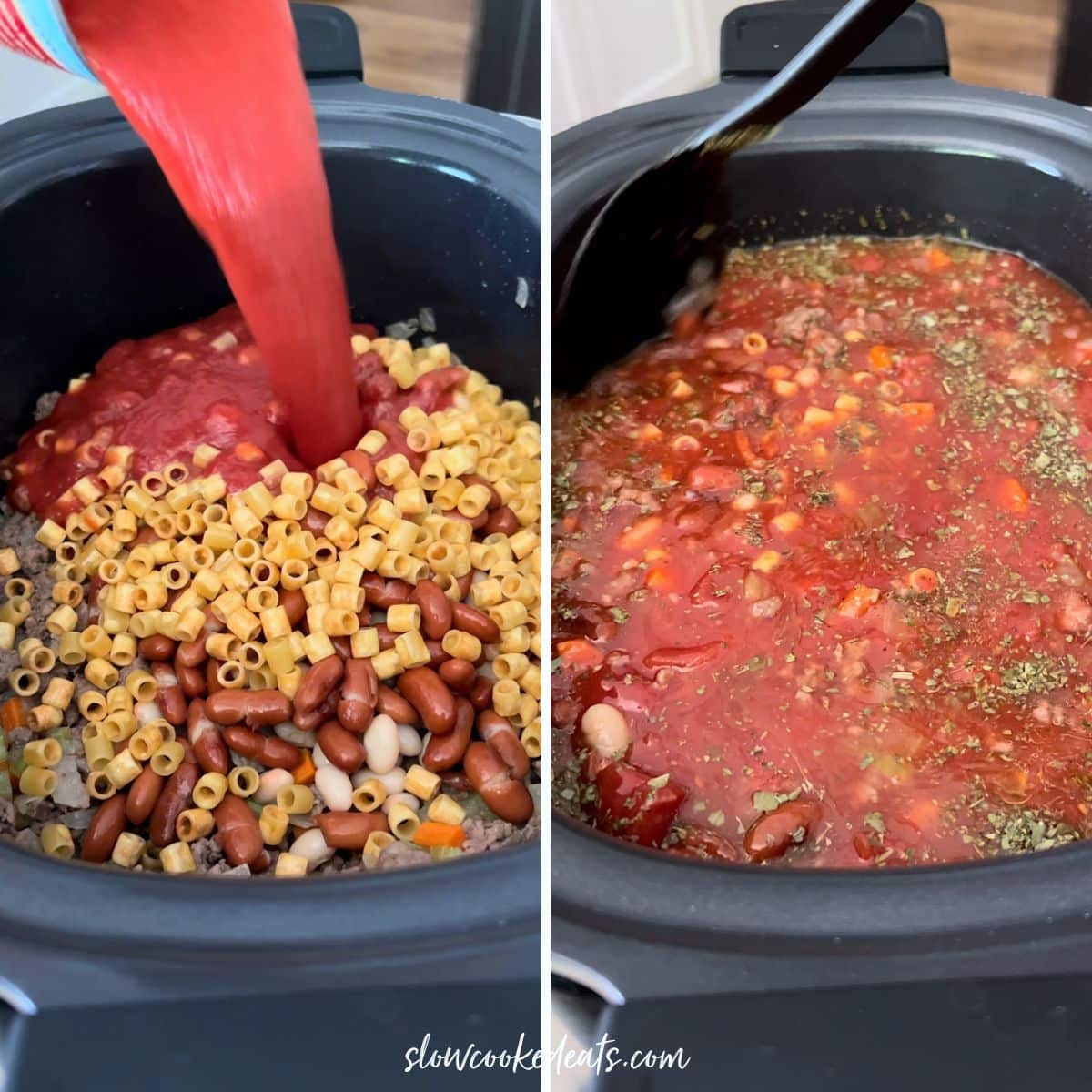 Adding pasta and pasta sauce to the slow cooker.