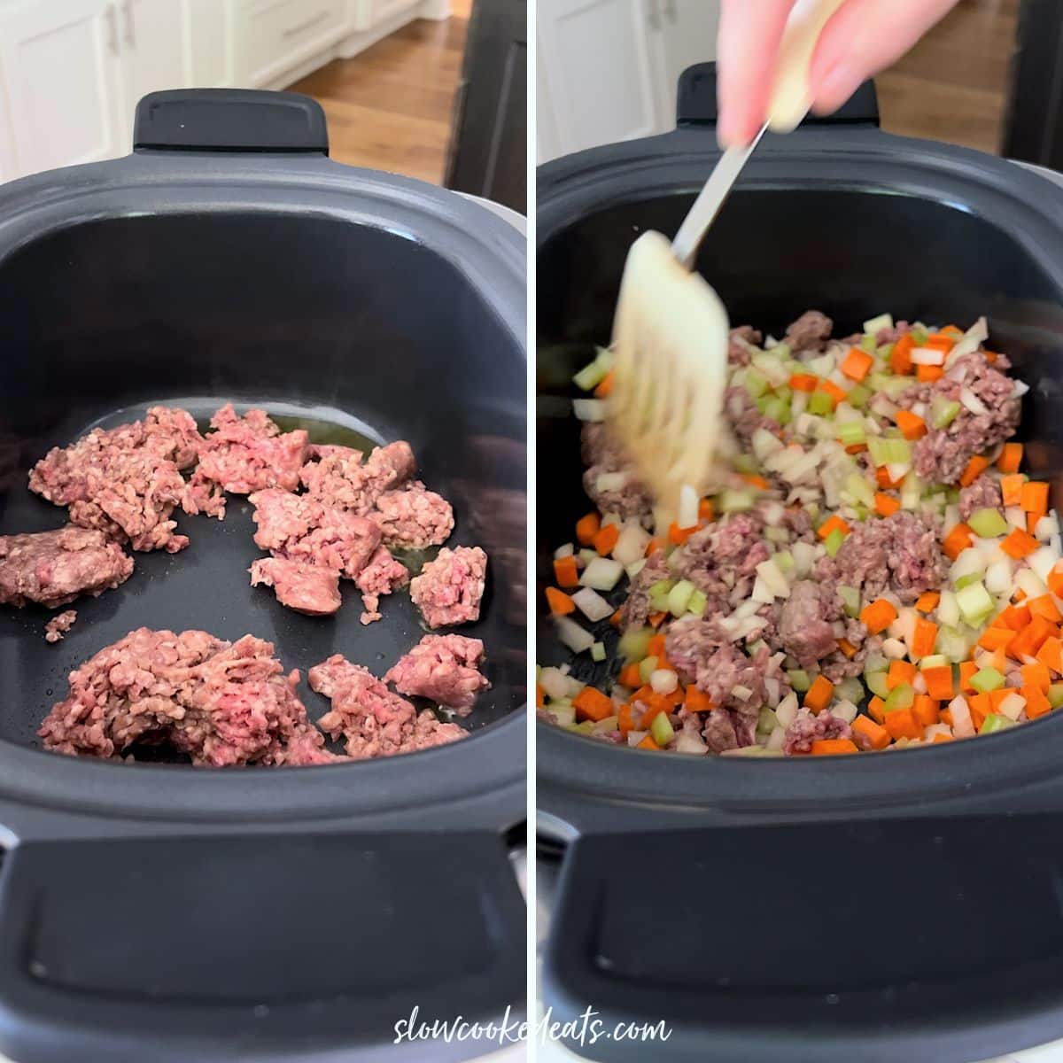 Browning ground beef and cooking vegetables in a black oval slow cooker.