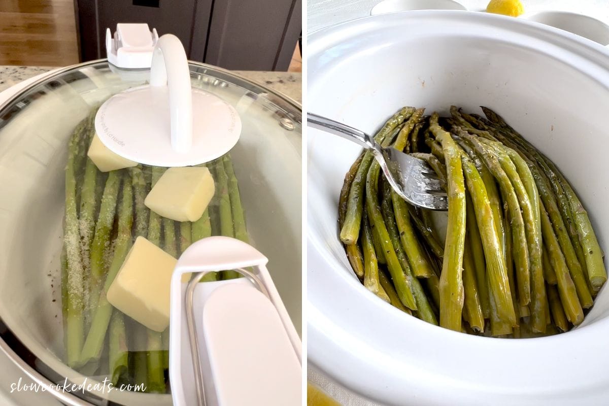 Covering and slow cooking asparagus in a white crock pot until done.