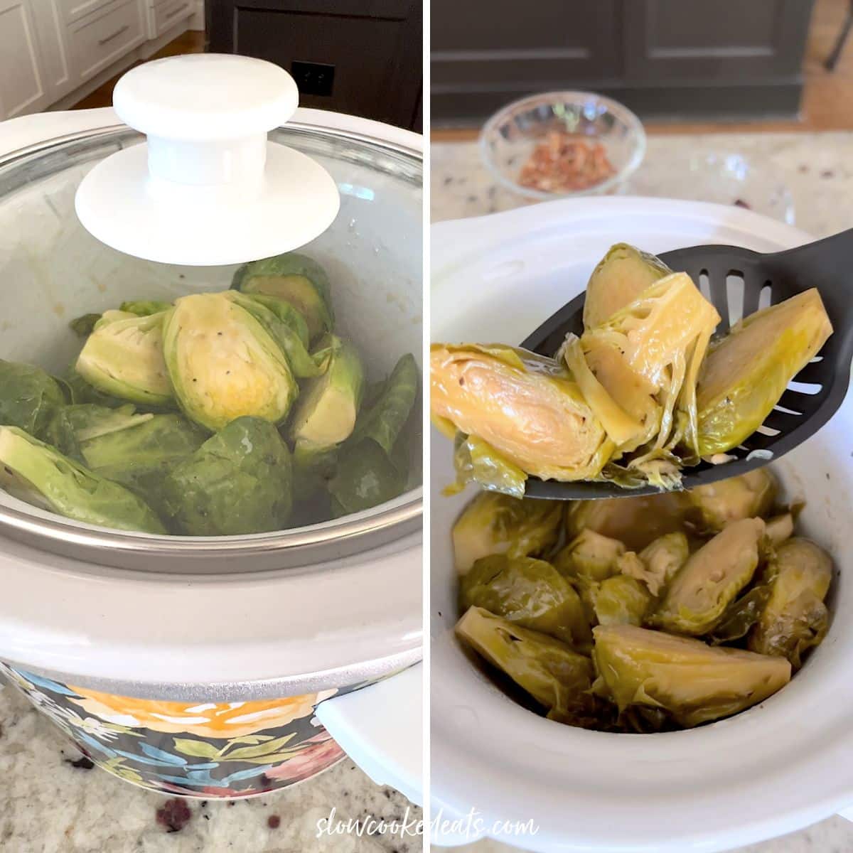 Slow cooking brussel sprouts in a white crockpot until tender.