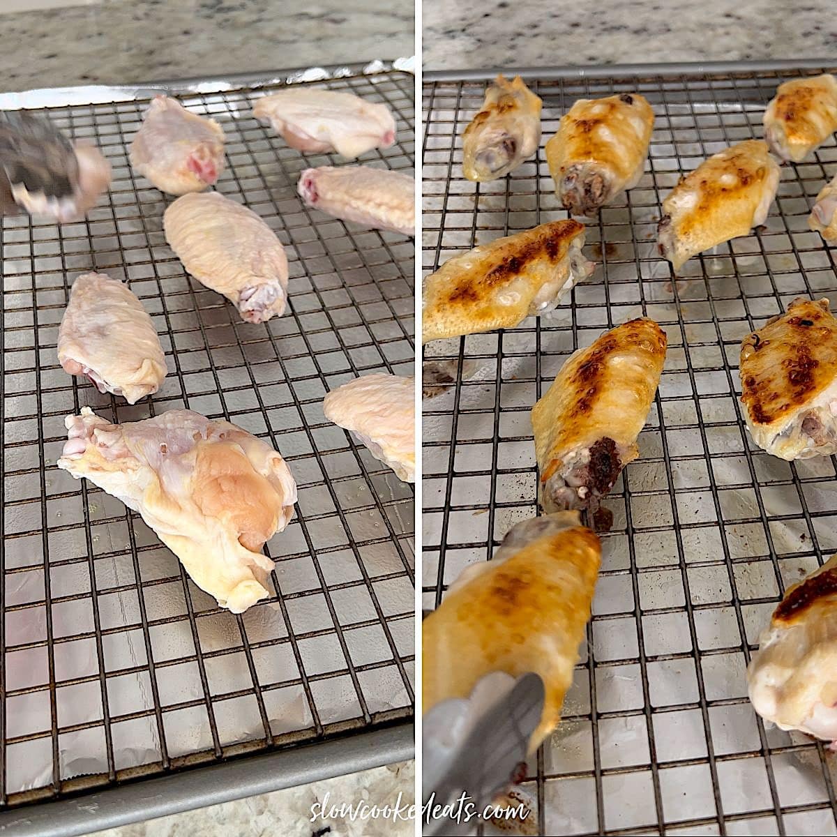 Broiling chicken wings on a baking sheet with a rack.
