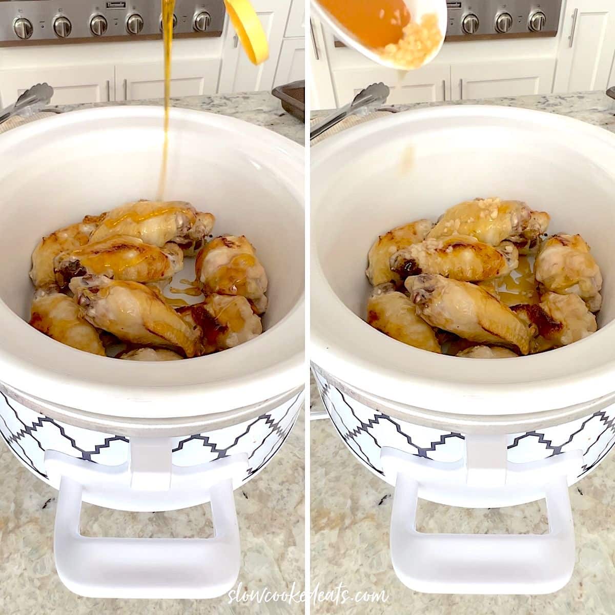 Adding honey and garlic to the chicken wings in a white crockpot.