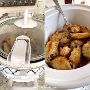 Slow cooking the chicken wings in a white oval crockpot.