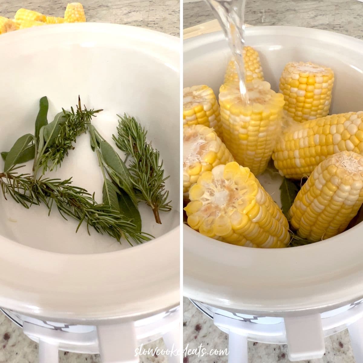 Adding herbs, corn, and water to a white oval slow cooker.