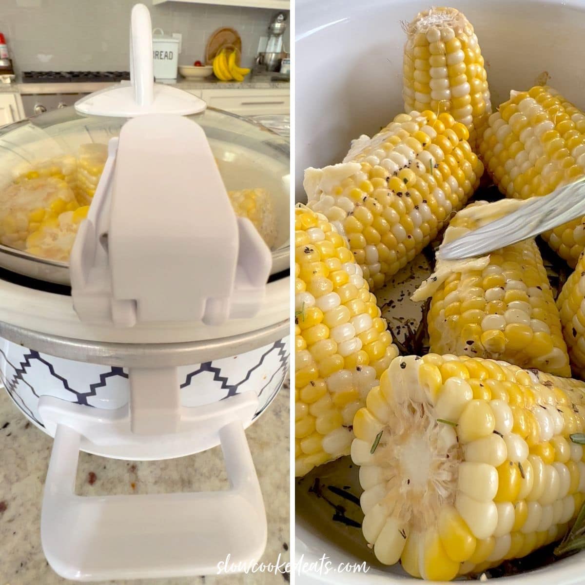 Slow cooking the corn in a crock pot then serving and buttering.