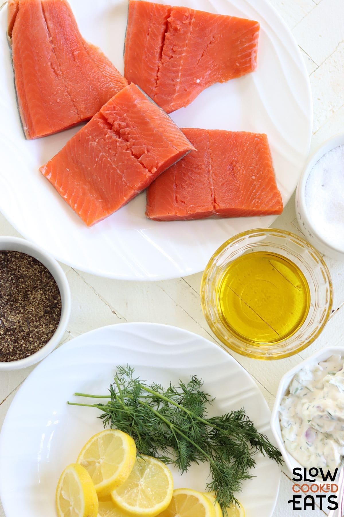 Slow cooker poached salmon with dill sauce ingredients.