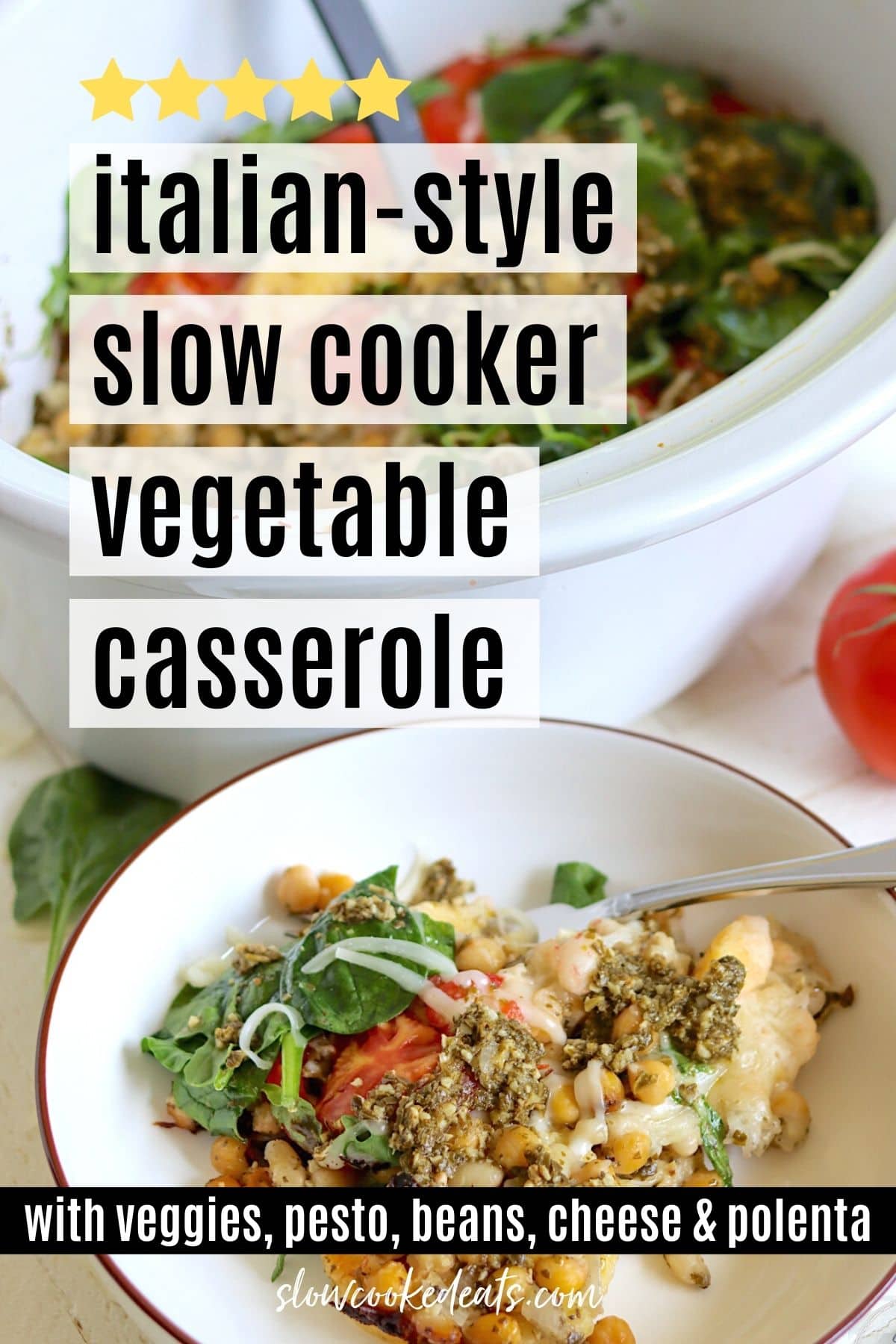 Pinterest pin with a white bowl of vegetable casserole. 