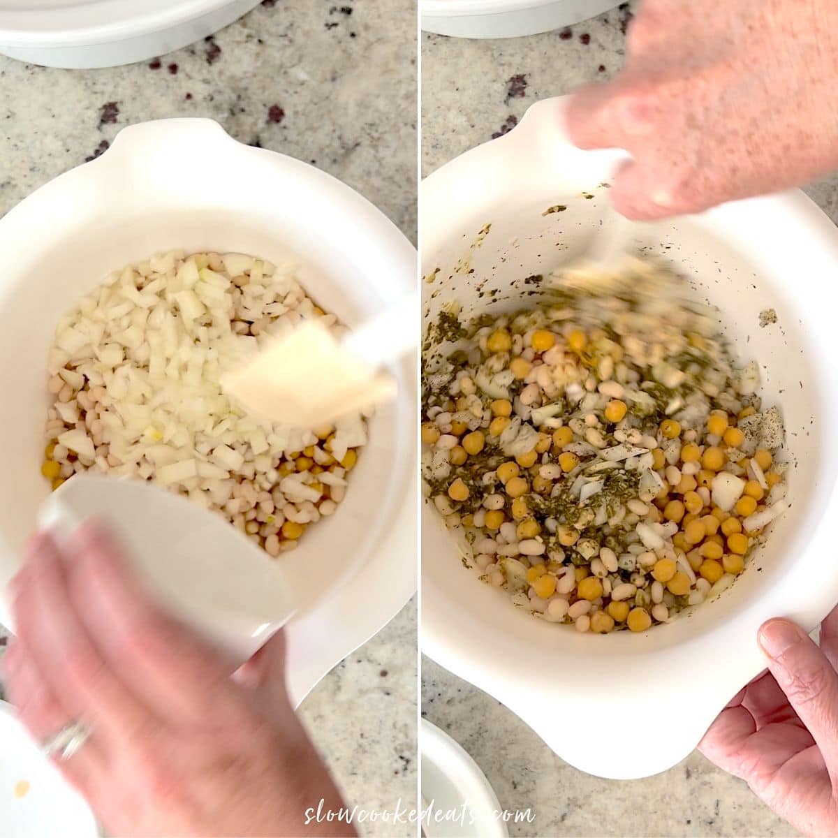 Mixing the onions, beans, pesto, and seasoning in a white bowl.