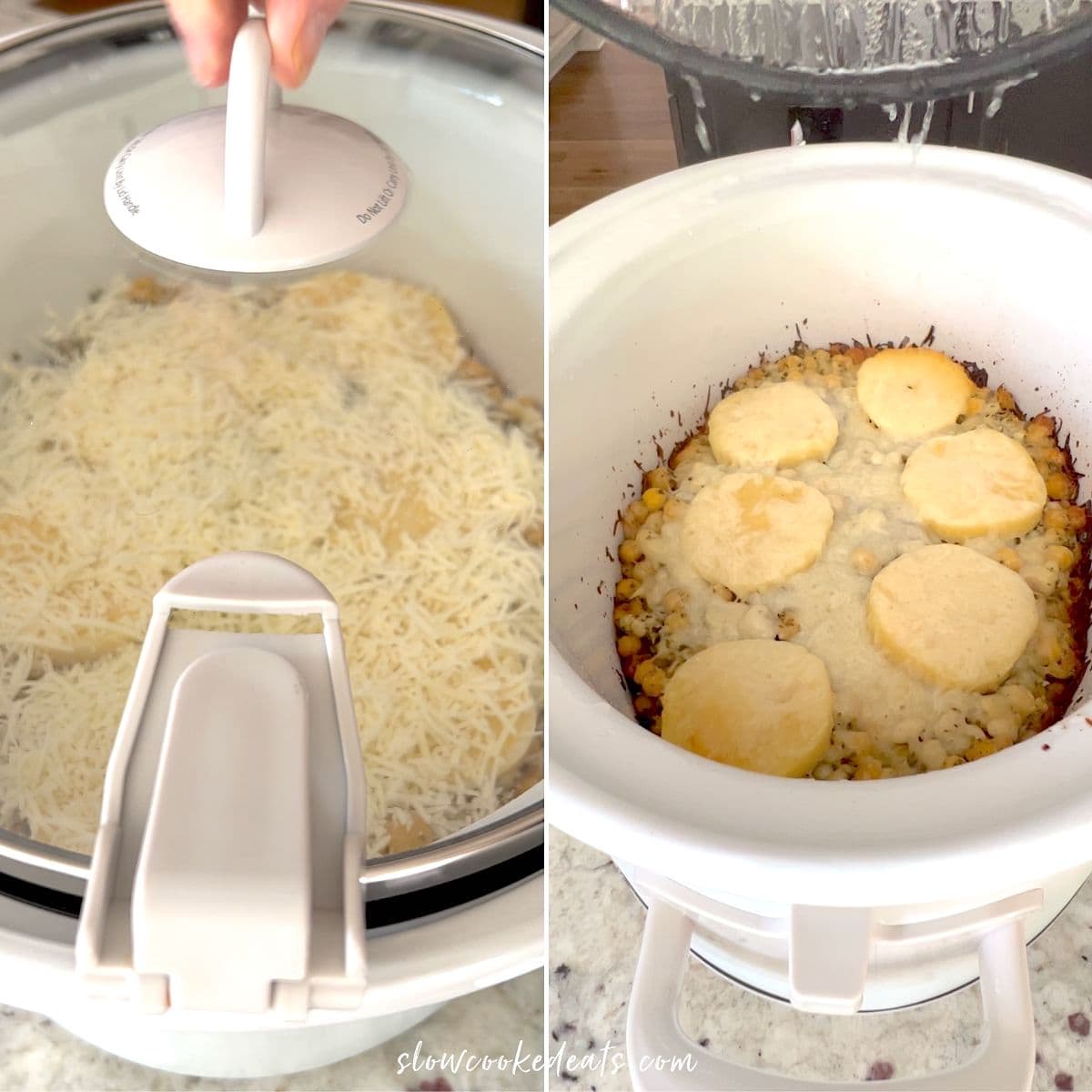 Placing the lid on the white crock pot.