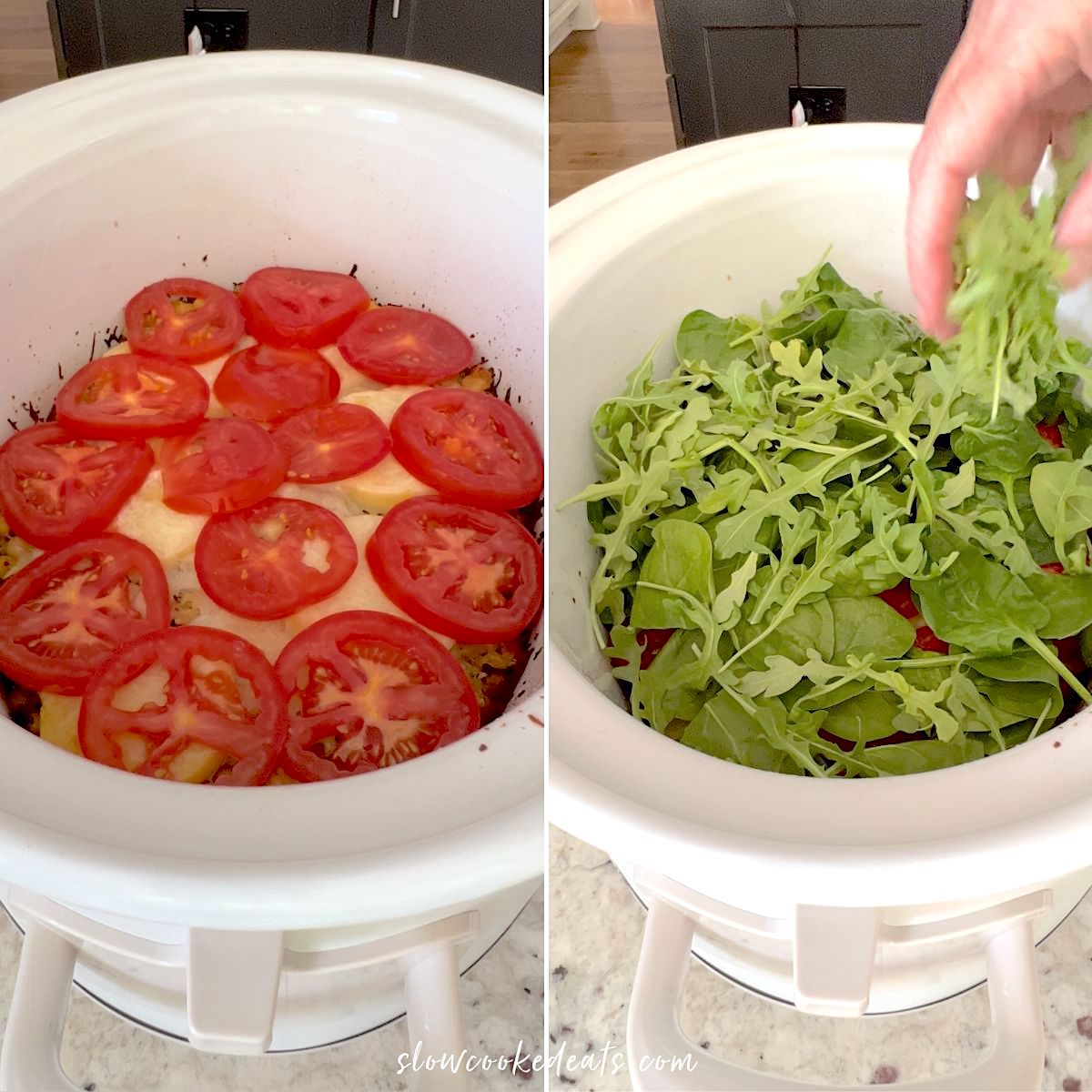 Topping with tomato, spinach, and arugula.