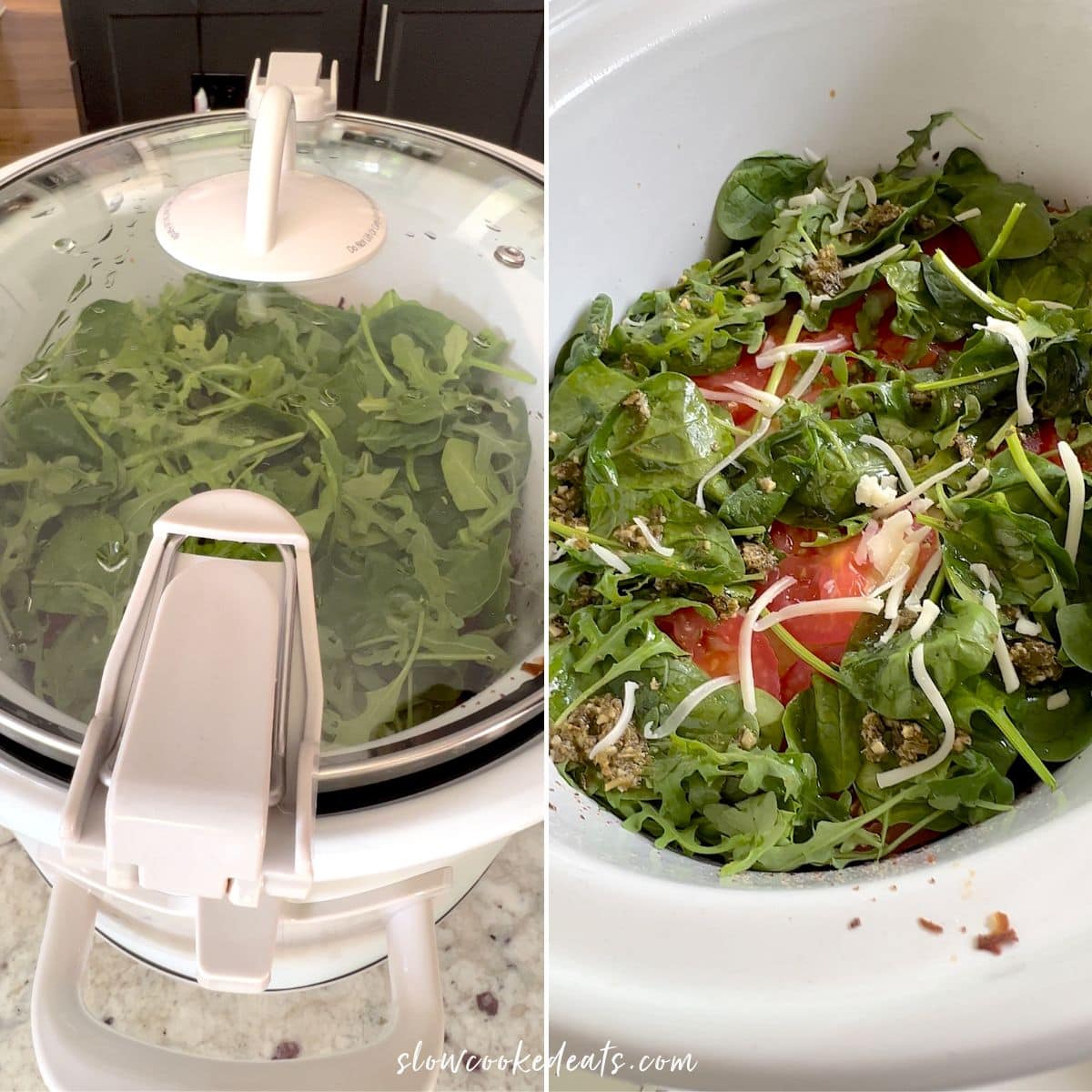 Slow cooking until spinach and arugula are wilted and tomato is warm.