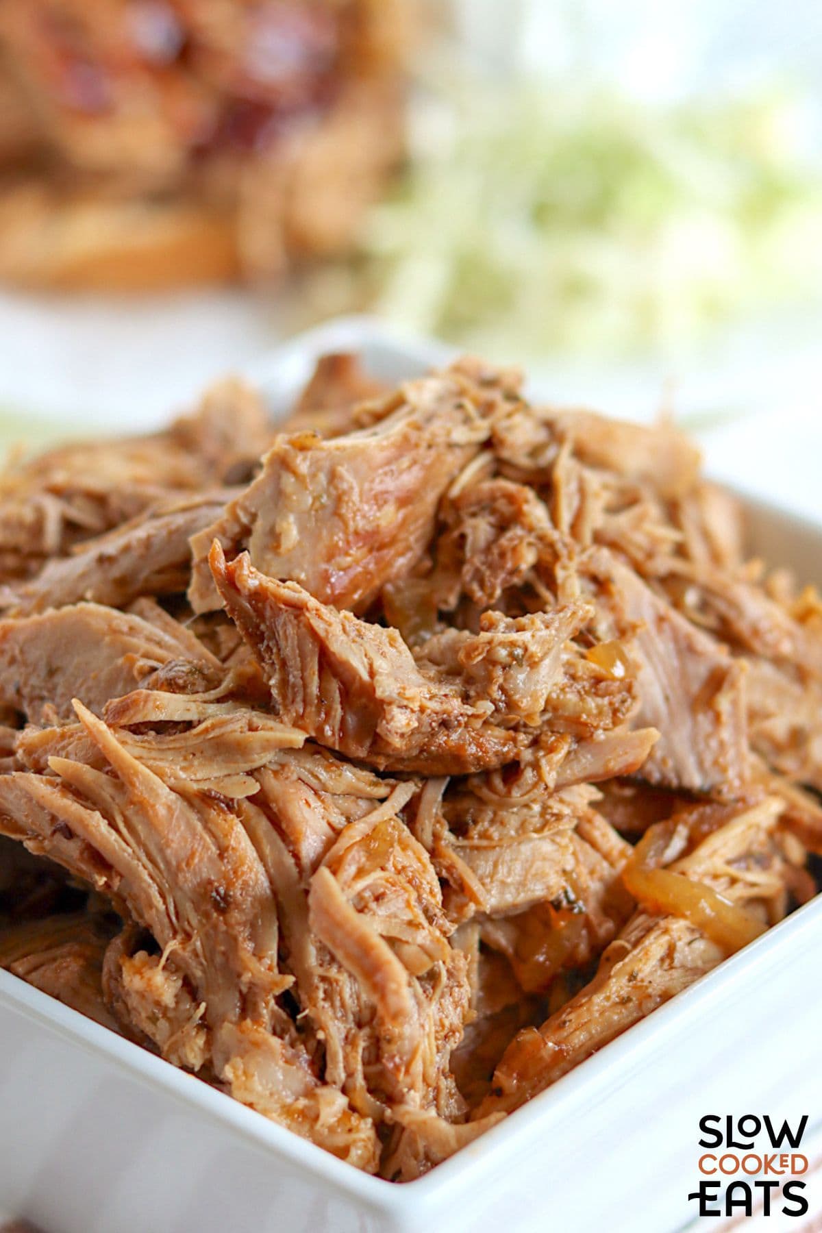 Shredded bowl of crock pot Dr. Pepper pulled pork.