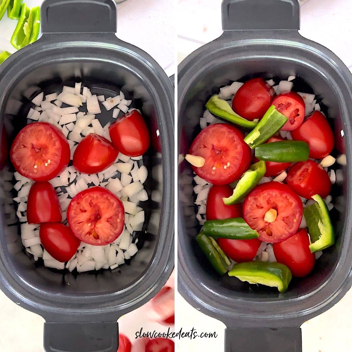 Adding all the salsa vegetables into a black oval crock pot.