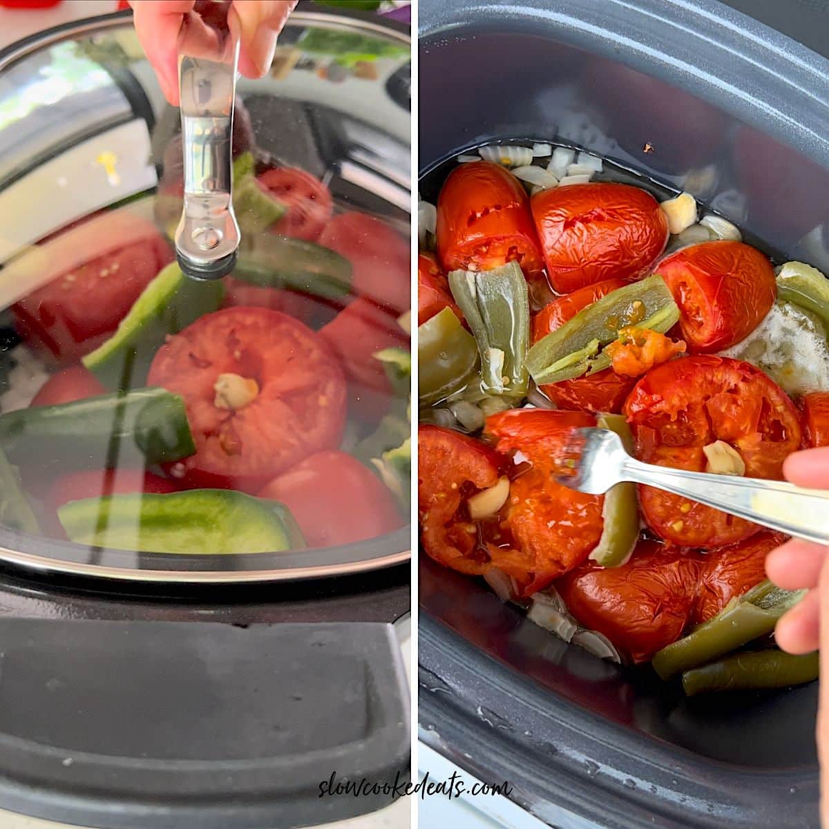 Cover the slow cooker then testing softness of the vegetables with a fork.