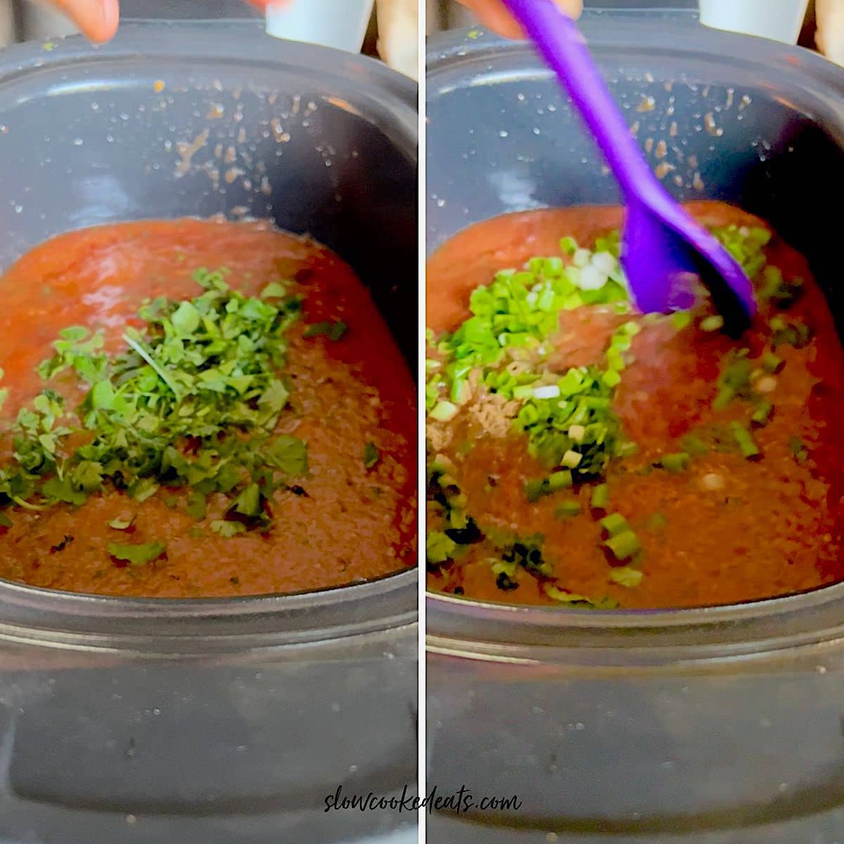 Stirring in final fresh ingredients together with the blended salsa.