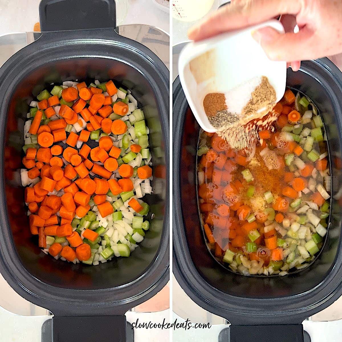 Adding all the crock pot carrot soup ingredients to a black oval slow cooker.
