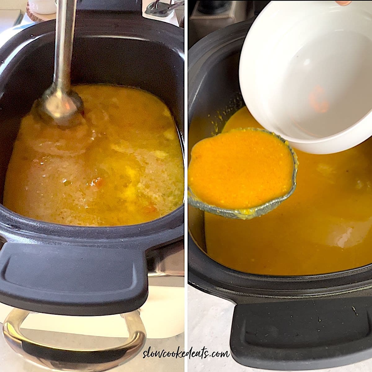 blending and then serving carrot soup out of a black oval crock pot.