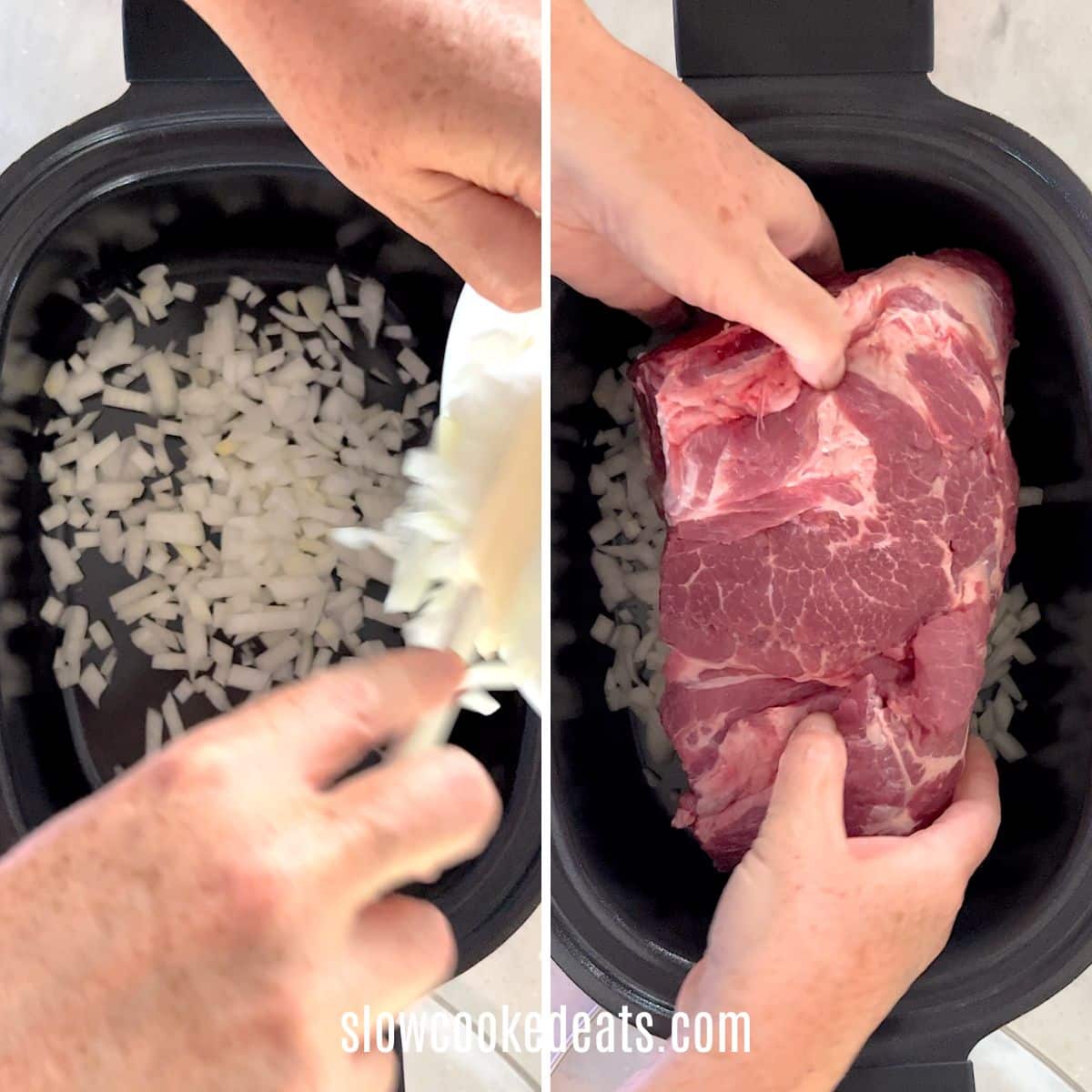 Adding onion and pork butt roast to a black oval slow cooker pot.