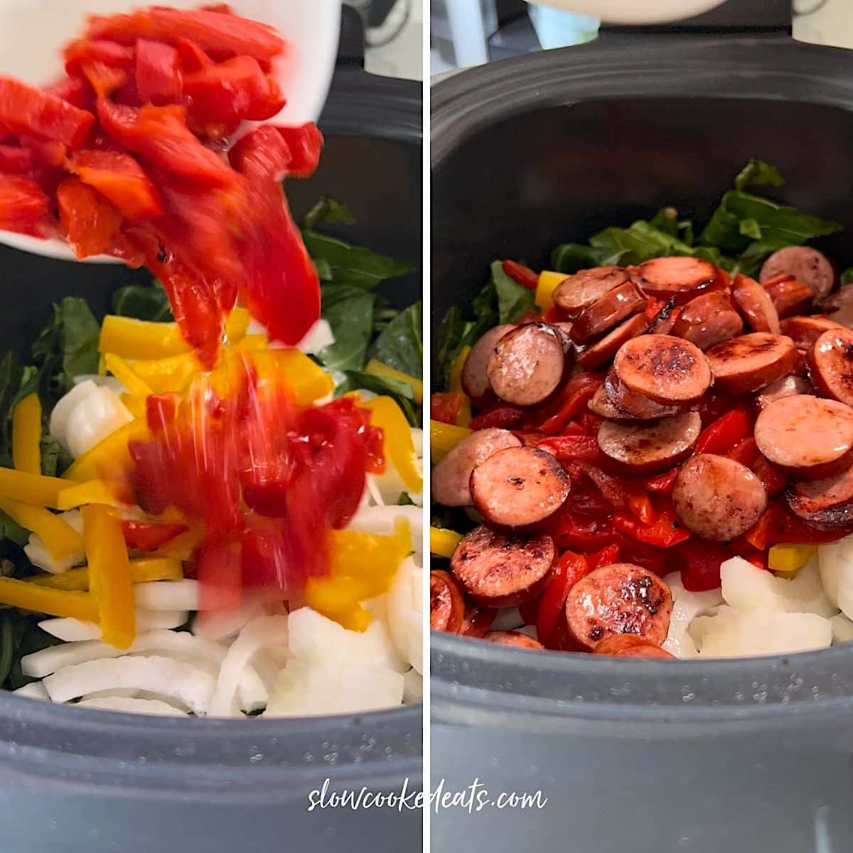 Adding the roasted red peppers and browned sausage to the crockpot.
