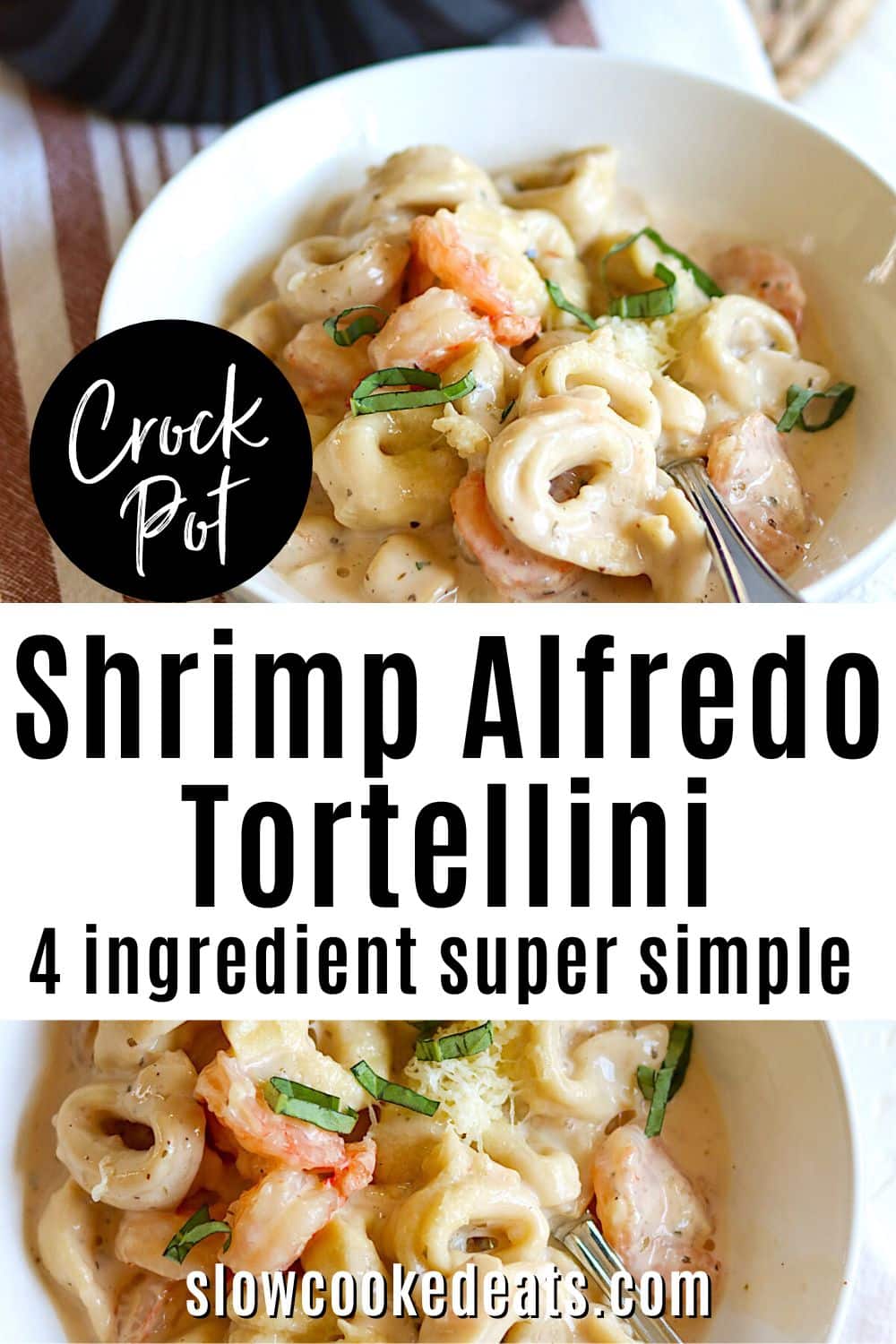 A white bowl with shrimp Alfredo cheese tortellini.