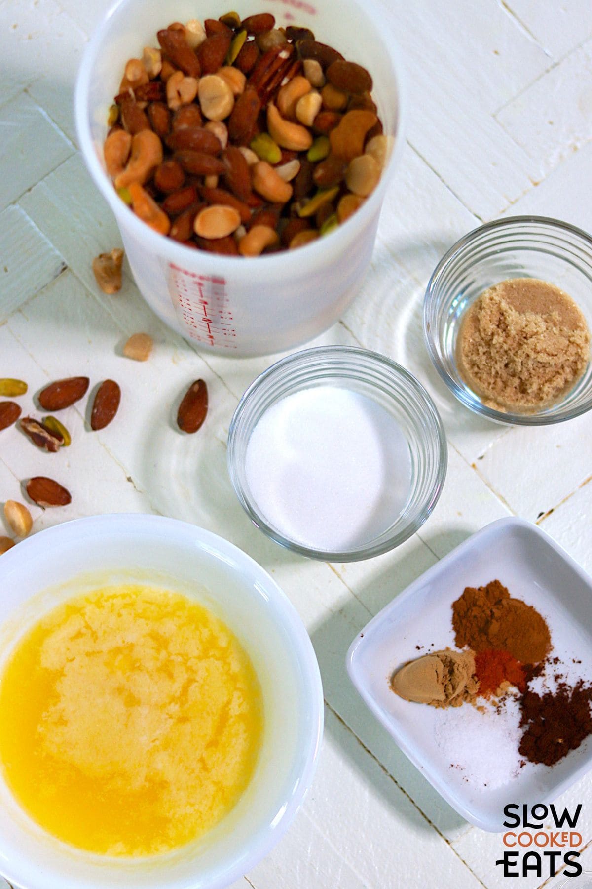 Crock pot sweet and spicy nuts ingredients image.