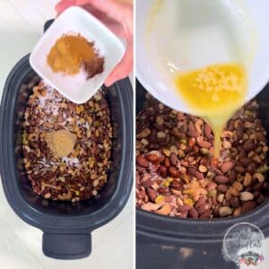 Adding the nuts, spices, and butter to a black oval crockpot.