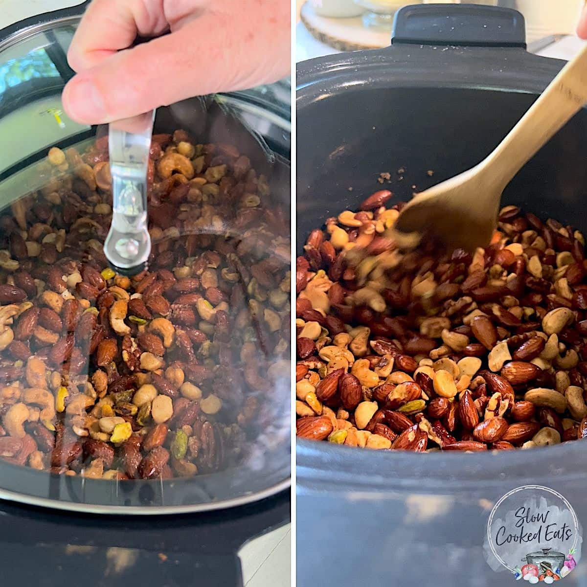 Slow cooking the sweet and spicy nut mixture in a black crockpot then stirring.