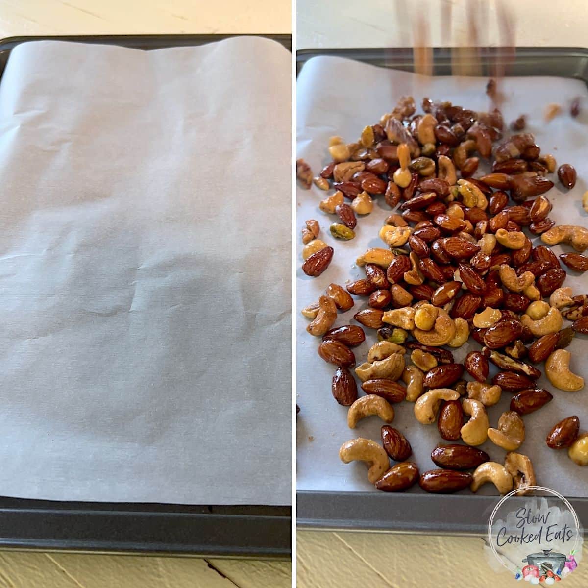 Pouring the slow cooked candied nuts on to a baking sheet to cool.