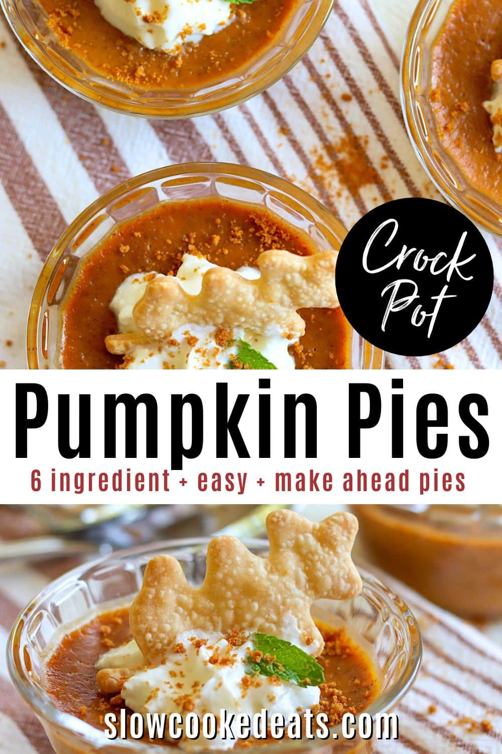 Black and white pumpkin pinterest pin with individual pumpkin pies in clear glass jars.