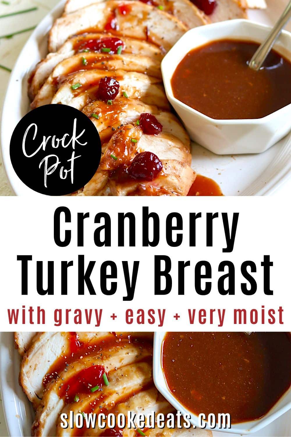 Pinterest pin with sliced boneless turkey breast with a side of gravy on a white plate.