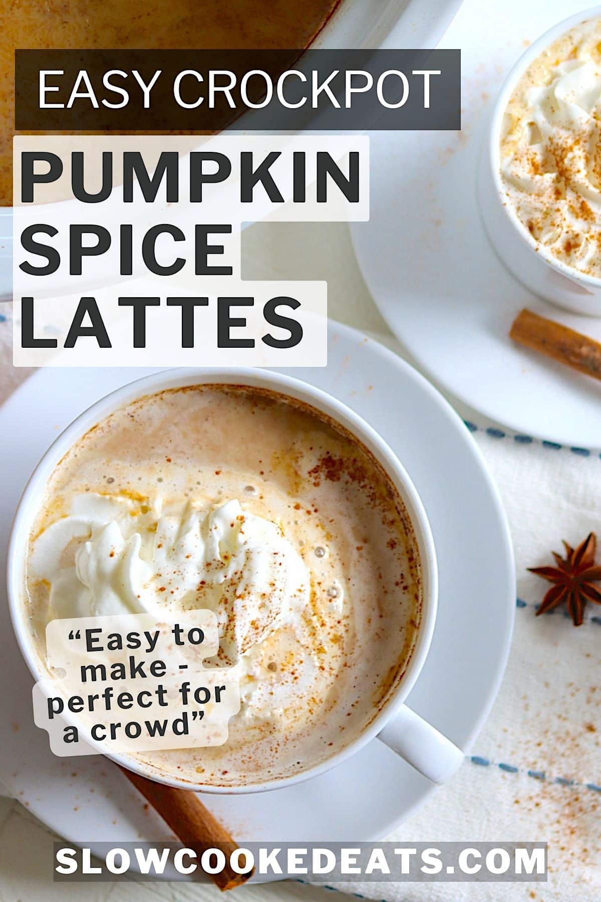 Pinterest pin with a pumpkin spice latte in a white cup and saucer.