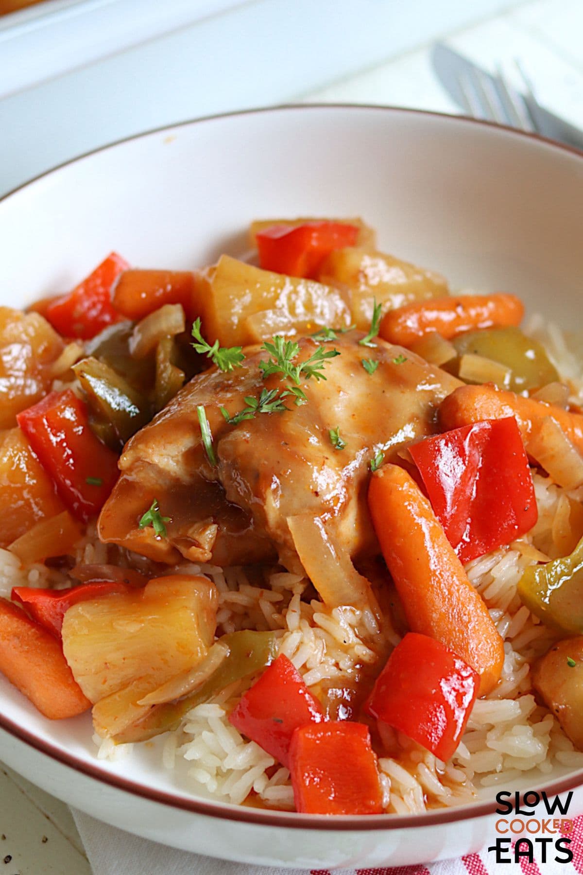 Crock pot sweet Hawaiian chicken in a bowl.