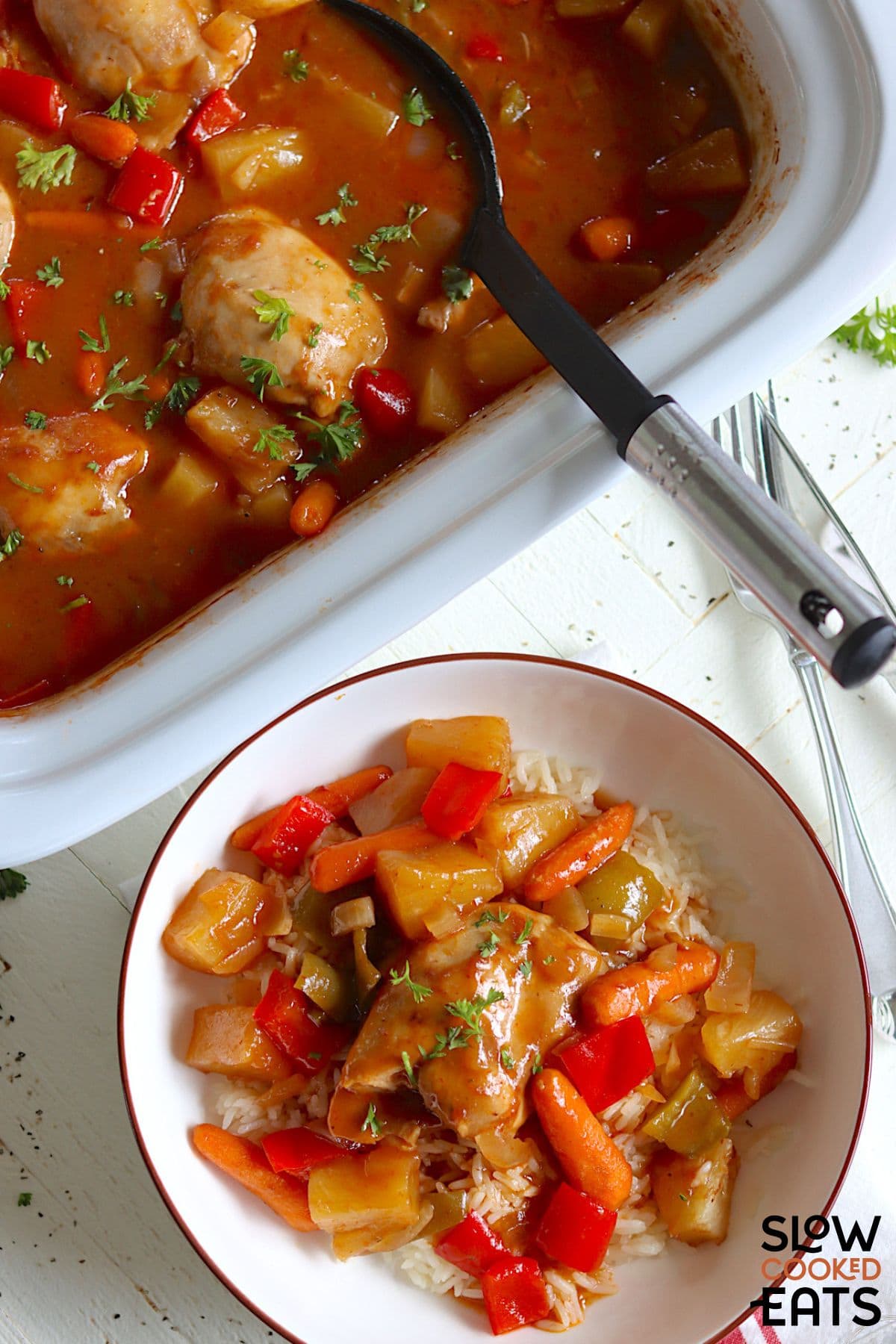 Crock pot sweet Hawaiian chicken in a bowl.