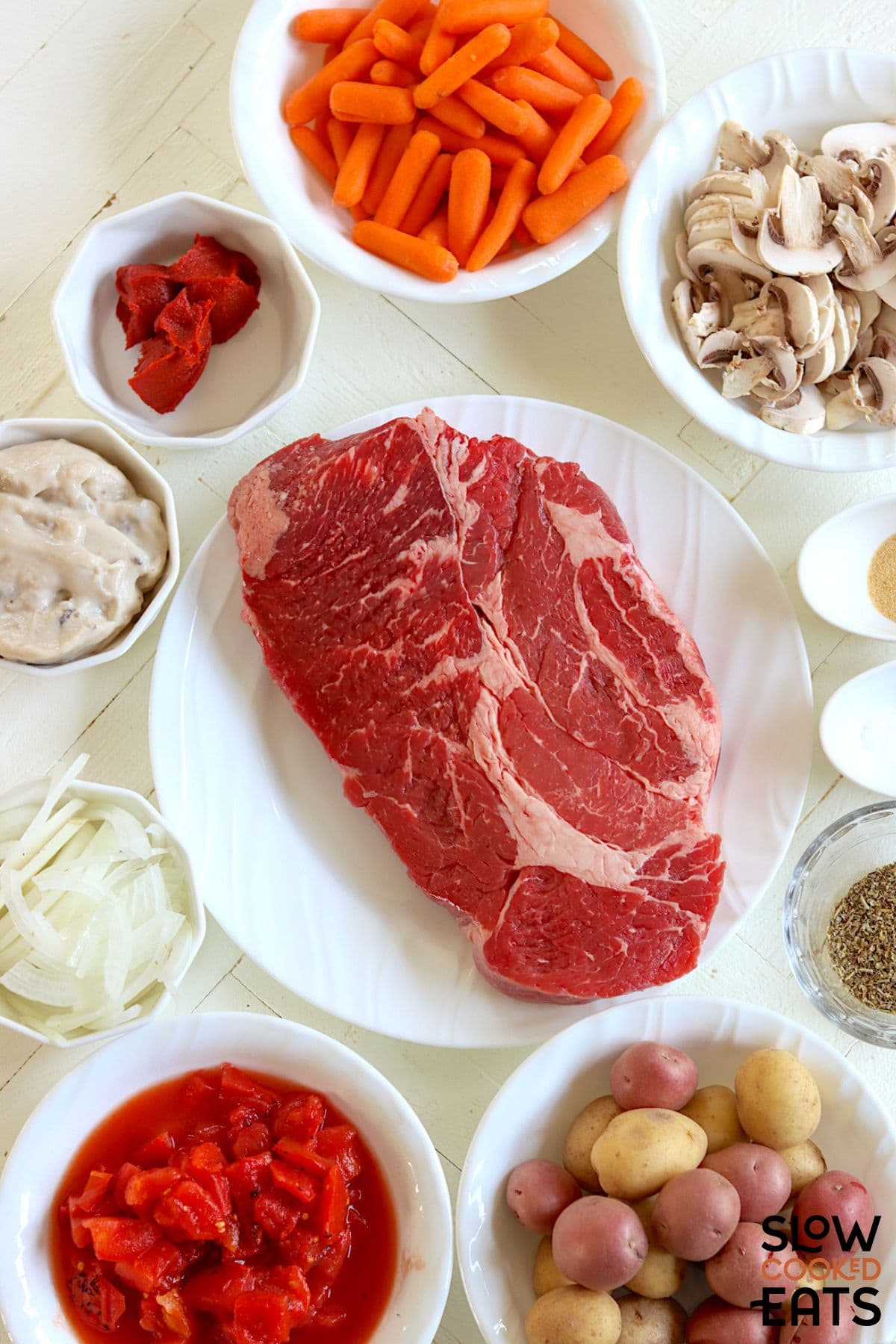 Crockpot roast and potatoes ingredients.