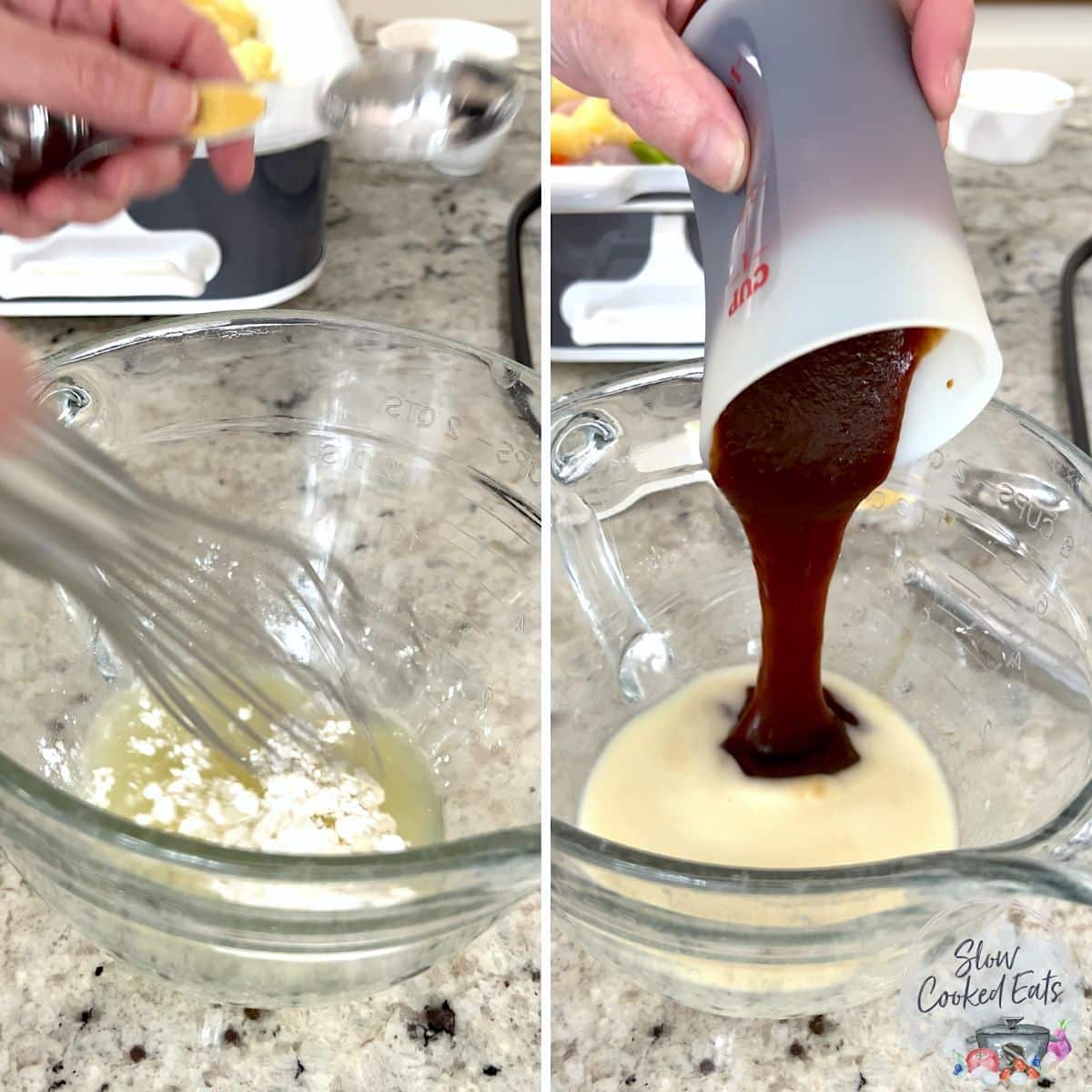 Mixing the sweet Hawaiian sauce ingredients together in a clear glass bowl.