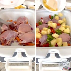 Layering the crockpot Hawaiian chicken and vegetables in a white rectangle slow cooker.